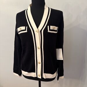 Adrienne Vittadini Black Cardigan with Cream Accents